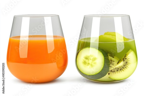 Obraz na płótnie Two glasses of fresh juices. One is a vibrant orange carrot juice. The other is a refreshing green smoothie with kiwi and cucumber slices w salonie