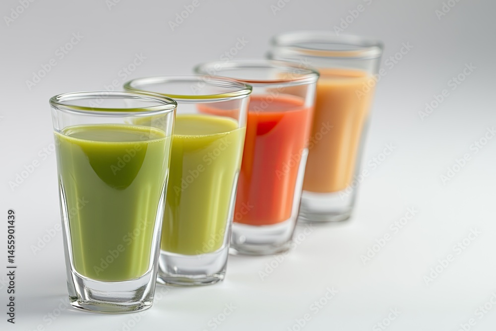 Four shot glasses filled with colorful juices. Green, light orange, red, and beige juices. Healthy drinks. Fresh and vibrant
