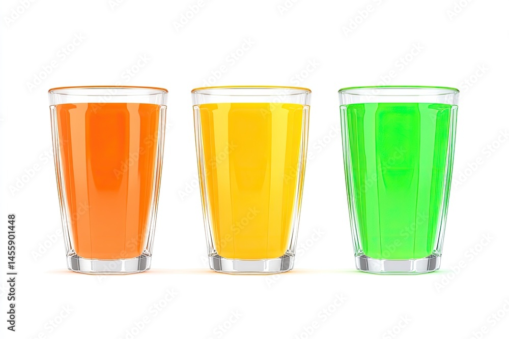 Three glasses of brightly colored juice. Orange, yellow, and green juices are in clear glass tumblers