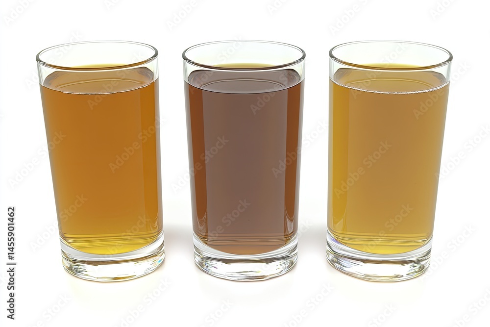 Three glasses of varying shades of amber-colored beverage. Each glass is full