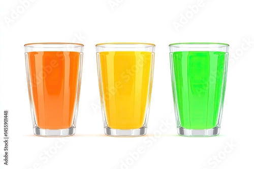 Obraz na płótnie Three glasses of brightly colored juice. Orange, yellow, and green juices are in clear glass tumblers w salonie