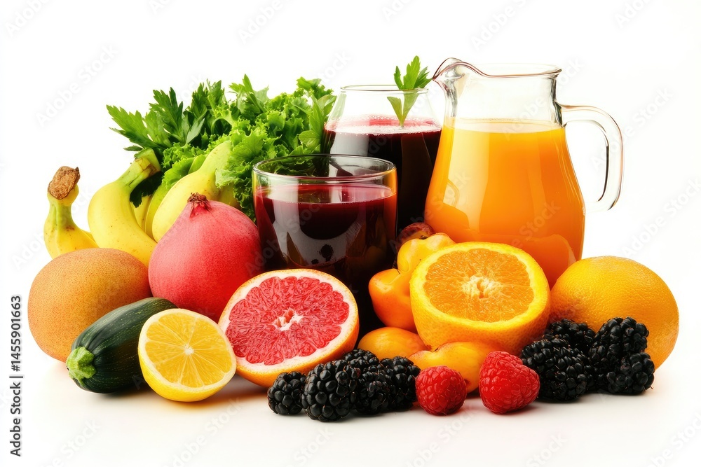 Fresh fruit and vegetable juices. Colorful assortment of fruits and vegetables, including bananas, pomegranates, mangos, grapefruits, oranges, lemons, zucchini, and berries, arranged around