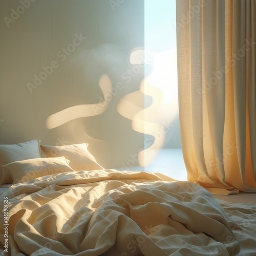 Home interior design with soft natural light and neutral bedding for a tranquil and minimalist bedroom home decor style