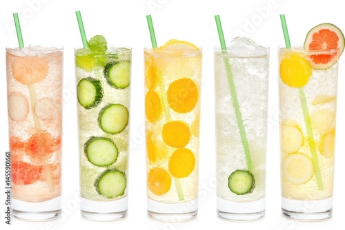 Refreshing fruit and cucumber infused drinks in tall glasses.  Each drink features various fruits and vegetables,  topped with ice and a green straw