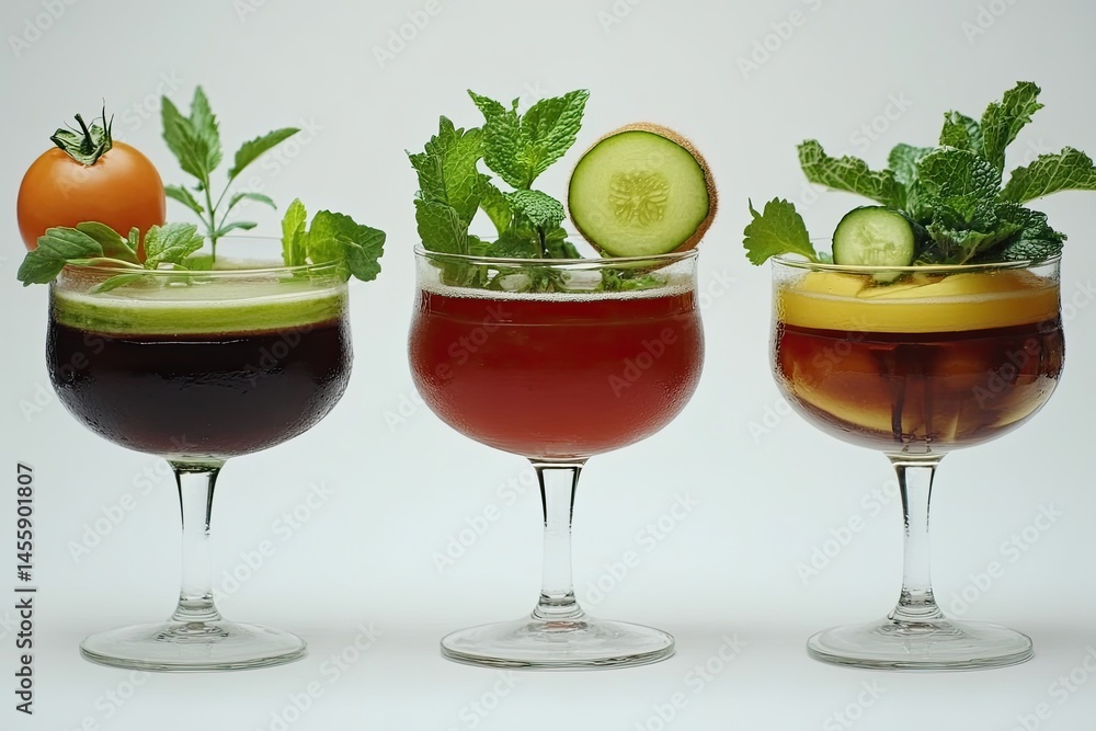 Three vibrant, layered cocktails, garnished with fresh fruit and herbs. Each drink showcases a unique color and texture