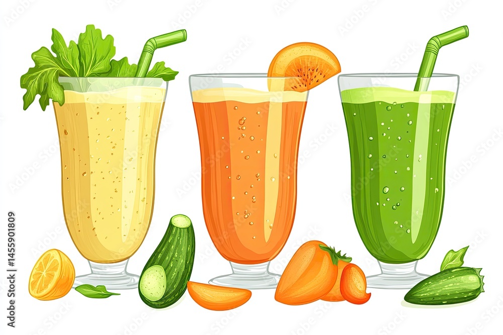 Three healthy smoothies in clear glasses, featuring yellow, orange, and green blended drinks.