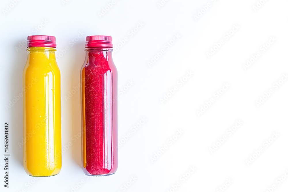 Two smoothie bottles, yellow and red, on a white background. The bottles are clear glass with vibrant colored smoothies