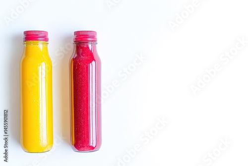 Obraz na płótnie Two smoothie bottles, yellow and red, on a white background. The bottles are clear glass with vibrant colored smoothies w salonie