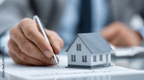 Close-up of male hand signing home insurance document next to miniature house model symbolizing real estate protection, property coverage and secure housing agreements in office context
