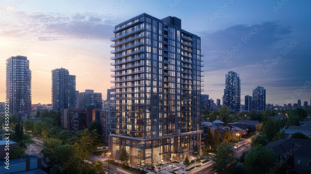 Obraz premium Modern high rise apartment building at dusk cityscape view