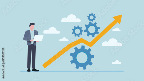 Businessman driving growth upward trend cogs laptop blue sky flat design