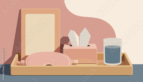 pink tissue box on wooden tray with drinking glass