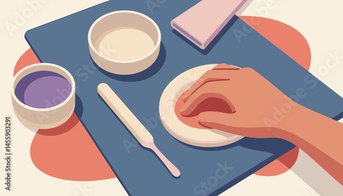 hands crafting colorful pastries on blue table