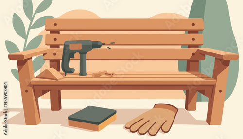 wooden bench with tools, shoes, and book in park setting