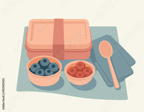 fresh fruit breakfast set with blueberries, raspberries, spoon, bowl, paper napkin  healthy food illustration