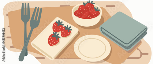 fresh strawberry desserts on wooden tray with silverware