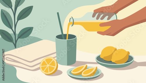 hands squeezing lemons for fresh juice  vibrant yellow citrus fruits on table