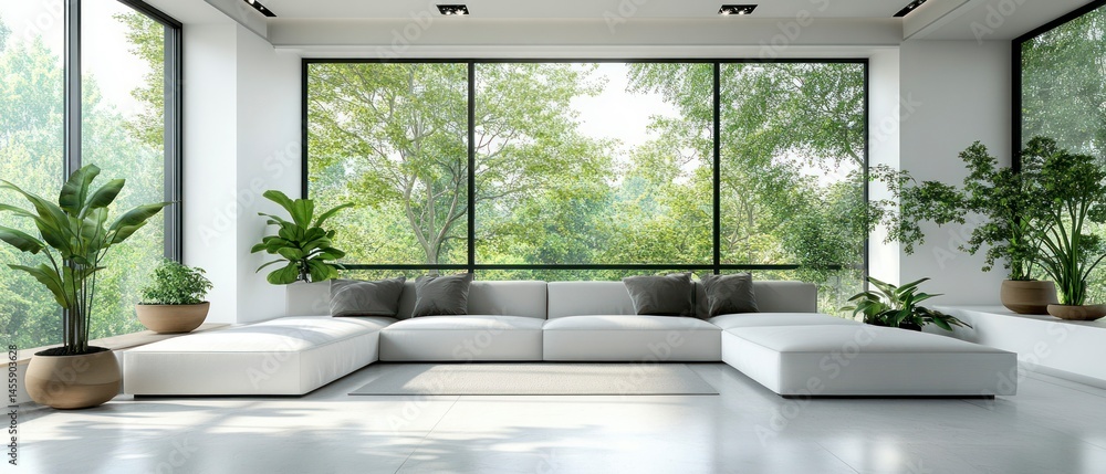 Fototapeta premium Modern living room showcases large windows illuminating white sectional sofa complemented by potted plants, promoting serene atmosphere.