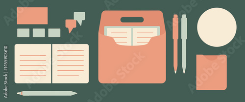 vintage office equipment set with pink and orange hues