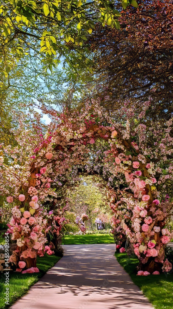 Naklejka premium Floral archway in a serene garden path.