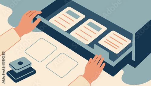 hands on computer desk with papers and cards