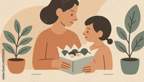 mother and child bonding over plant care  illustrative artwork with warm tones