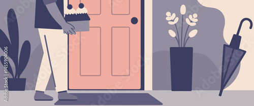 vibrant illustrated doorstep delivery with umbrella, potted plant, and handbag