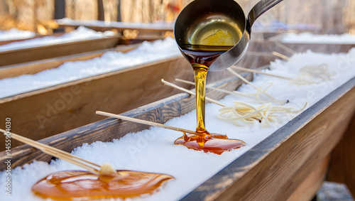 Traditional tire d'érable being poured over clean snow in wooden troughs, maple syrup forming sticky spirals around wooden sticks, outdoor winter setting