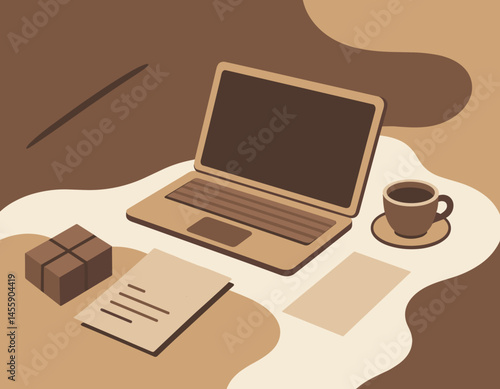 workspace with laptop, coffee, and papers  brown tones
