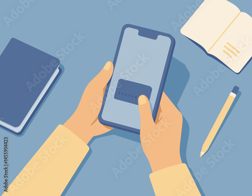 hand using phone to pay bill on table with books and pen