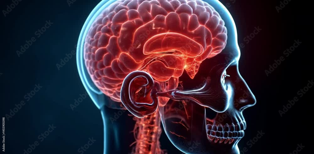 Footage. Human skull eardrum and brain anatomy, human body internal organs ear, neck and nerves, body overlay. Generative AI