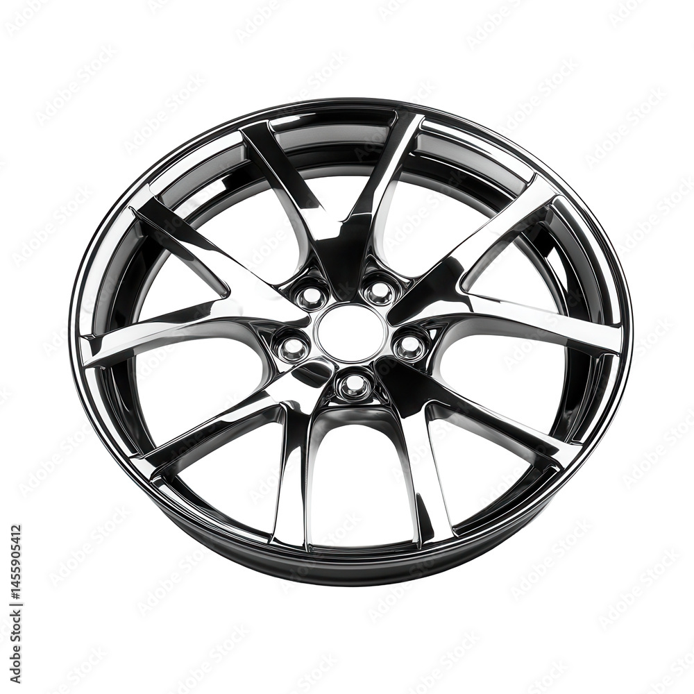 Obraz premium Car wheel with sleek design showcasing chrome finish ideal for enhancing vehicle aesthetics and performance