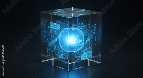 Glass Cube Encasing Pulsing Blue Orb with Holographic Firewalls