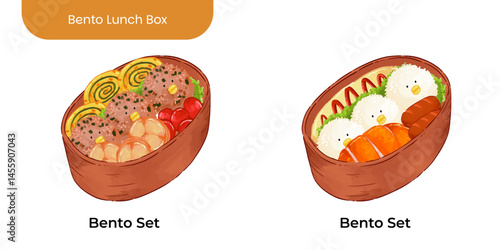 Illustration of a traditional Japanese bento lunch box featuring rice, vegetables, sushi, and side dishes. Colorful and detailed design perfect for food blogs, menu templates, or Asian cuisine