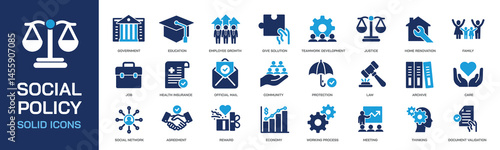 Social policy solid icons collection. Containing society, government, public. Perfect pixel on transparent background. Vector illustration.