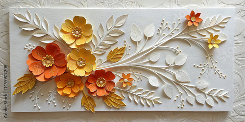 3D paper art, floral relief sculpture, white background, yellow and orange flowers, intricate leaf details, delicate branches, textured petals, shadow play, dimensional wall decor, handcrafted paper 