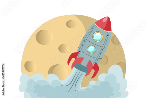 Rocket Launching with Smoke Trail and Full Moon Background, Ideal for Space Exploration, Technology, and Startup Concepts