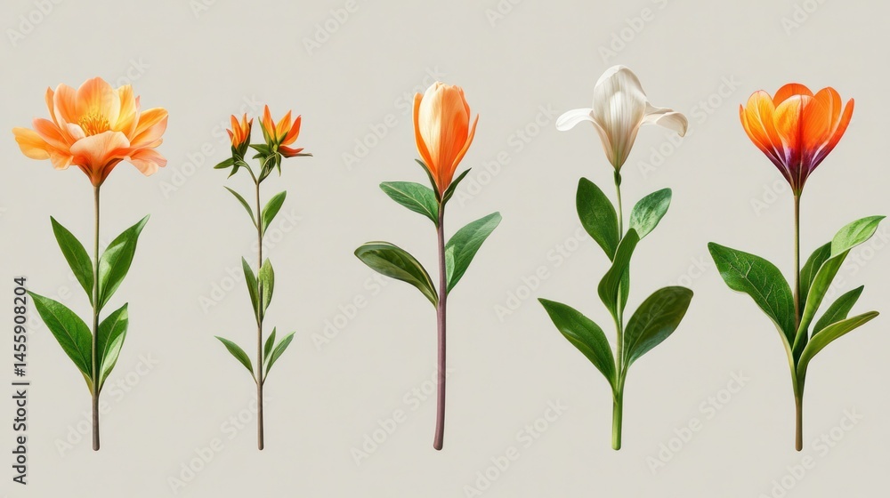 Fototapeta premium Collection of five vibrant and colorful flowers including lilies tulips and a hyacinth with lush green leaves arranged in a row on a plain background