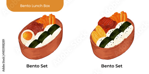 Illustration of a traditional Japanese bento lunch box featuring rice, vegetables, sushi, and side dishes. Colorful and detailed design perfect for food blogs, menu templates, or Asian cuisine