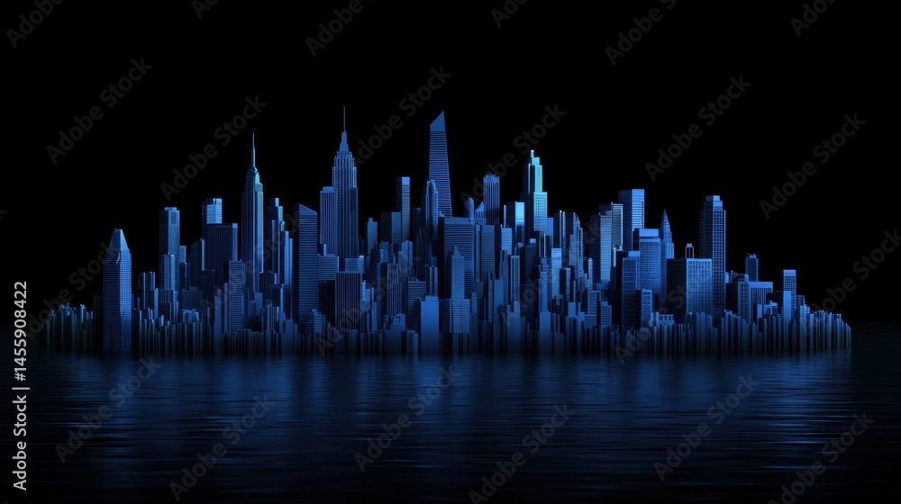 A digital rendering of a city skyline at night, with a body of water in the foreground. A digital rendering of a city skyline at night, with a body of water in the foreground.