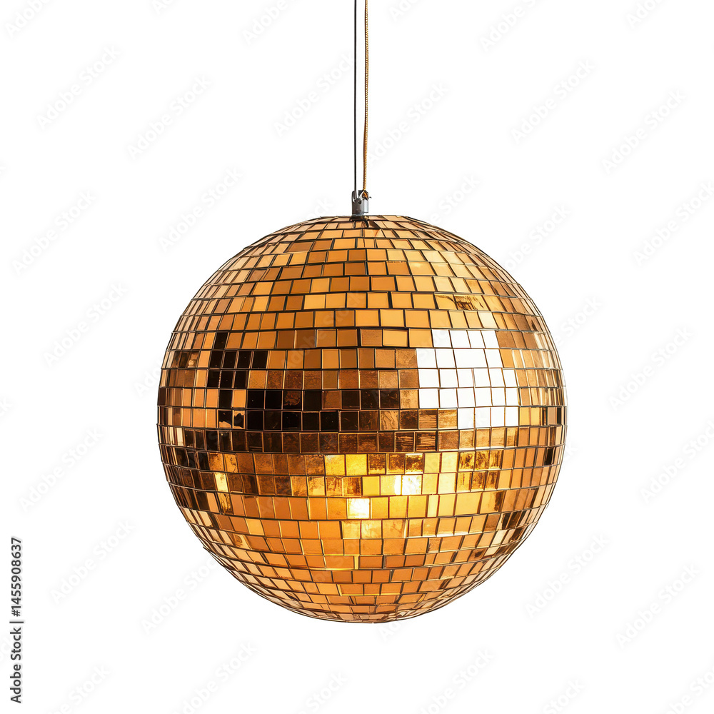 Obraz premium Shimmering gold disco ball hanging from the ceiling in a lively party setting during the evening hours