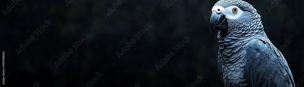 Obraz premium A perched grey parrot stands out against a dark background with keen, bright eyes