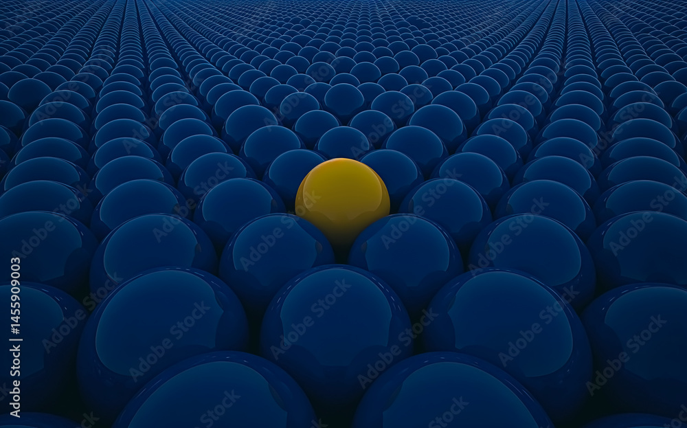 Obraz premium Realistic photograph of numerous deep blue spheres filling the frame. One central sphere glows vibrant yellow. Remaining spheres dark navy blue. No text, no people. Dramatic lighting