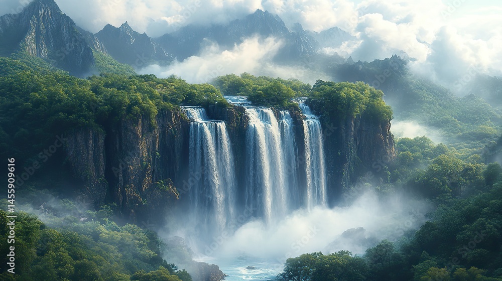 Fototapeta premium Dramatic waterfalls plunge from great heights, their thunderous roar echoing through the landscape.