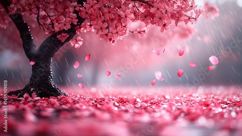 Dusty rose petals fall from a blossoming cherry tree, creating a delicate carpet of pink on the ground below.