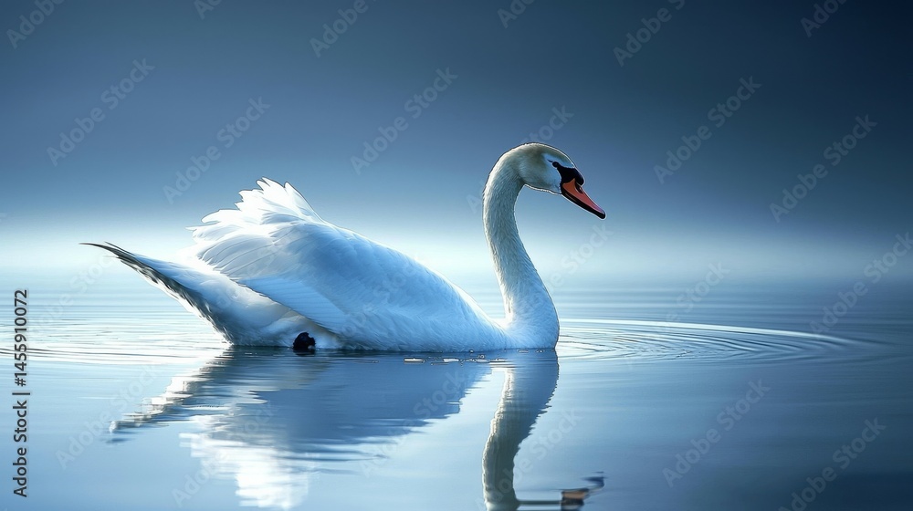 Fototapeta premium Elegant Swan in Blue Serenity Reflective Waters, bird photography , wildlife