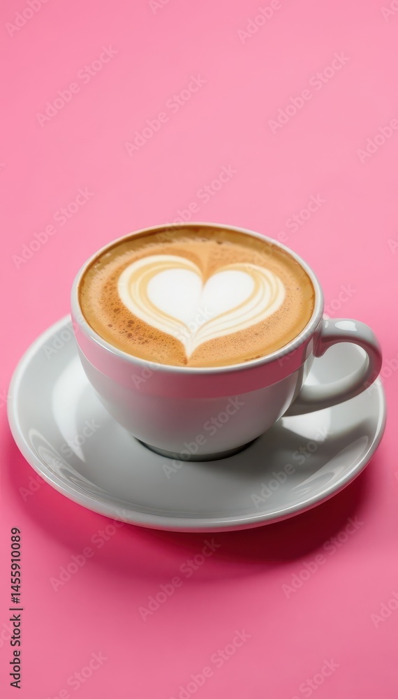 Heart-shaped latte art in coffee cup, pink backdrop, steam, happy, delicious Heart-shaped latte art in coffee cup, pink backdrop, steam, happy, delicious