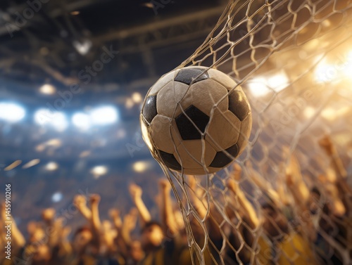 Soccer ball hits the back of the net during a match with celebrating fans