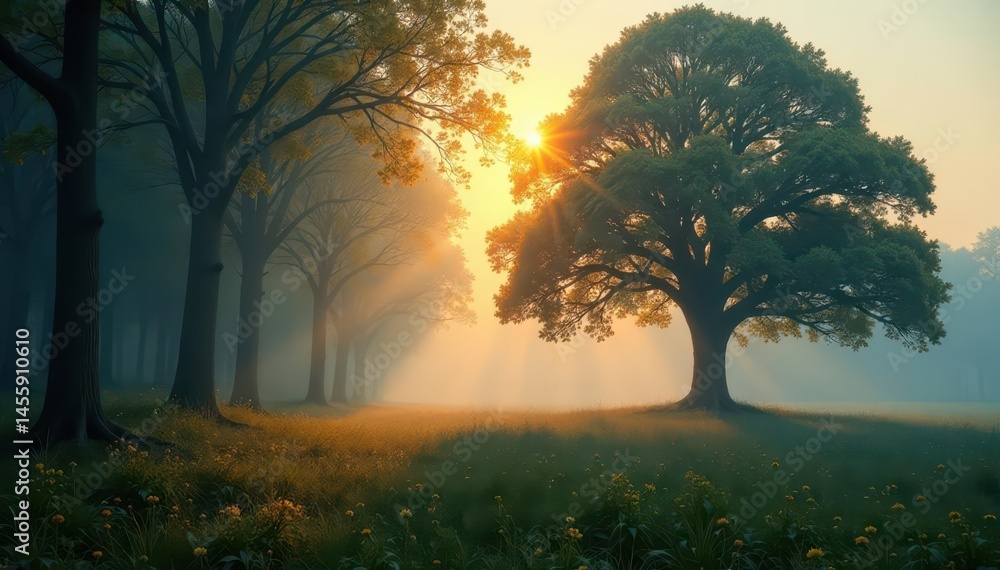 Silent, still forest bathed in morning mist, ancient trees stand sentinel, light, remote Silent, still forest bathed in morning mist, ancient trees stand sentinel, light, remote