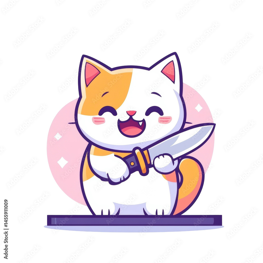 Cute cartoon cat holding a knife with a joyful expression, illustrated in a colorful and playful style, perfect for children's content and fun designs. Cute cartoon cat holding a knife with a joyful expression, illustrated in a colorful and playful style, perfect for children's content and fun designs.